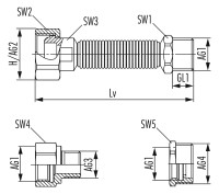 OPTIMA T flexibler Heizkoerperanschluss 1/2x3/8 und 3/4x1/2 +Dichtung,93 -143 mm